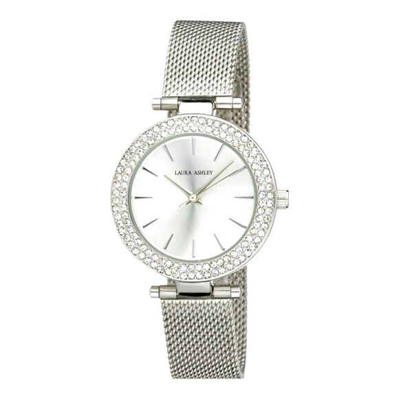 NEW Laura Ashley WATCH Ladies Silver TBar Crystal Bezel Mesh Band Buckle Strap - Picture 8 of 8